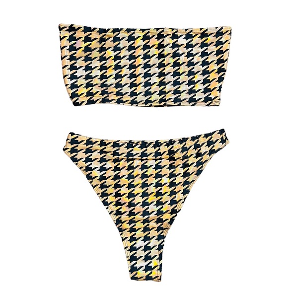 TastefulGirl Black & Gold Holo Houndstooth Tube Top & High Leg Bottom Rave Set - Picture 8 of 13